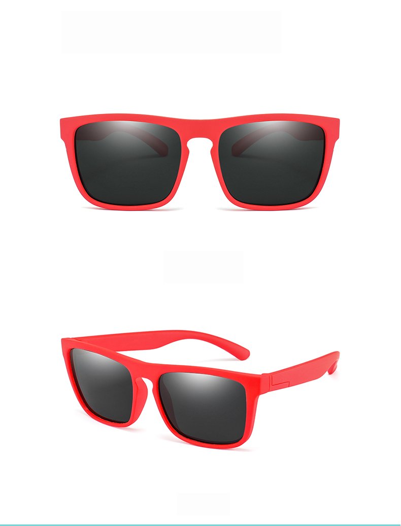 Vibrant Vibes: Kids' Polarized Sunglasses with Square Red Frames and Grey Lenses, Featuring a Bendable and Flexible Design