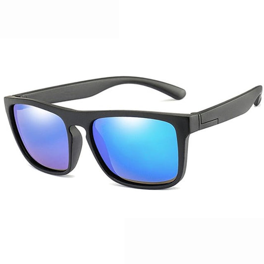 Contemporary Cool: Kids' Polarized Sunglasses with Square Black Frames and Blue Mirrored Lenses, Featuring a Bendable and Flexible Design