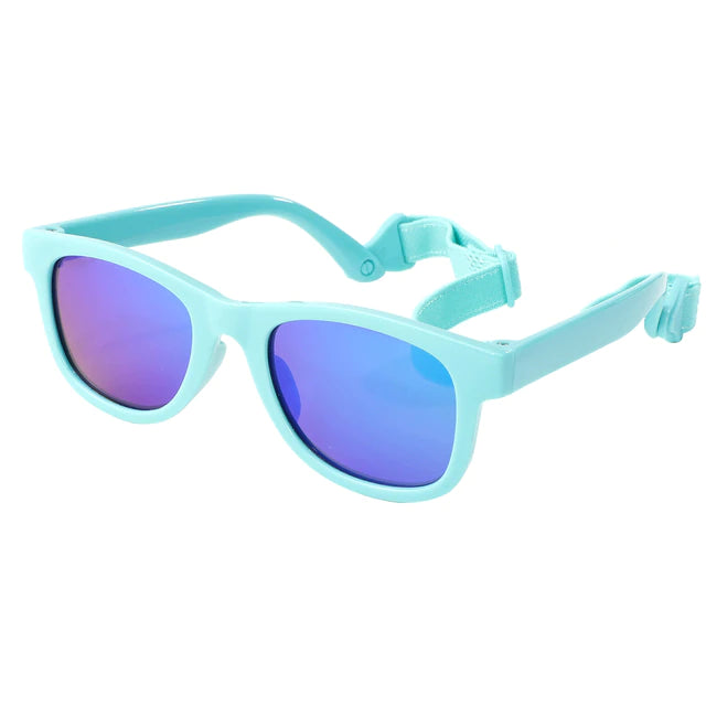 Baby Sunglasses:Trendy Green-Framed Sunglasses with Blue Mirrored Lenses, Adjustable Strap, Ideal for 0-24 Months