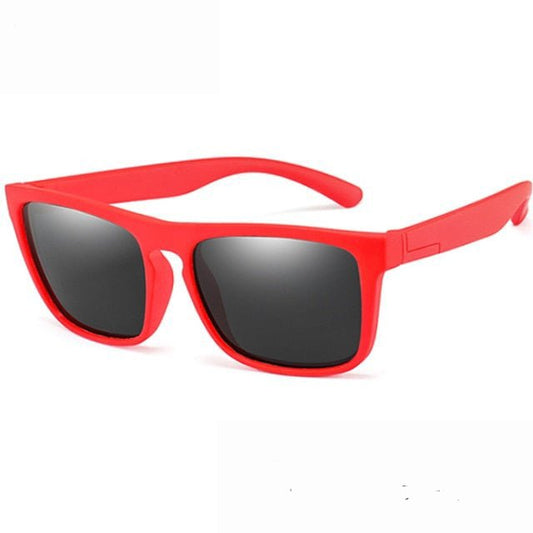 Vibrant Vibes: Kids' Polarized Sunglasses with Square Red Frames and Grey Lenses, Featuring a Bendable and Flexible Design