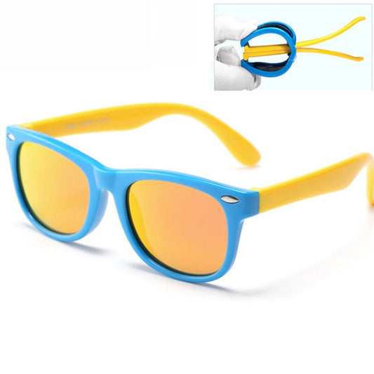 Colorful Radiance: Kids' Polarized Sunglasses in Blue and Yellow with Gold Mirrored Lenses, Featuring a Bendable and Flexible Design