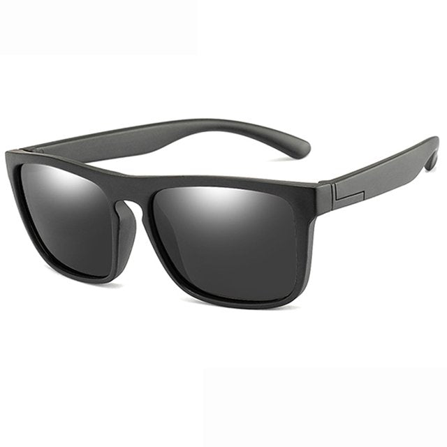 Modern Chic: Kids' Polarized Sunglasses with Square Black Frames and Black Lenses, Featuring a Bendable and Flexible Design