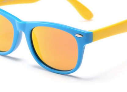 Colorful Radiance: Kids' Polarized Sunglasses in Blue and Yellow with Gold Mirrored Lenses, Featuring a Bendable and Flexible Design