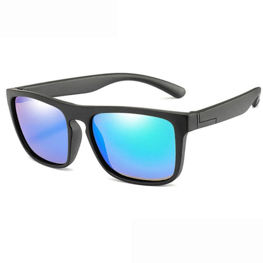 Urban Style: Kids' Polarized Sunglasses with Square Black Frames and Green Mirrored Lenses, Featuring a Bendable and Flexible Design
