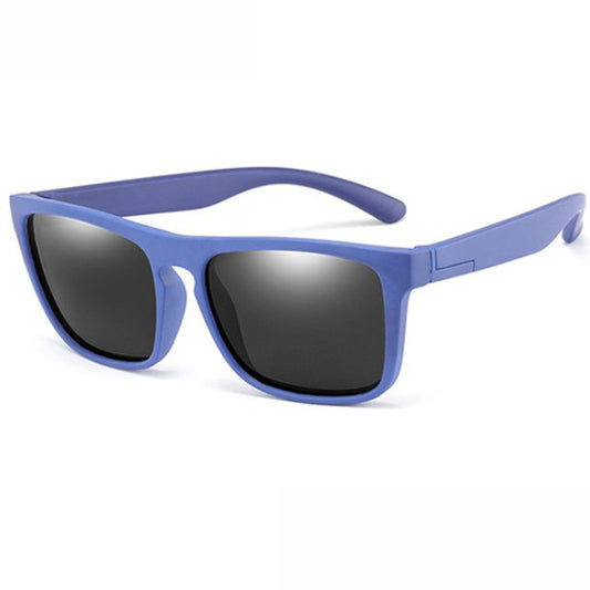 City Skyline: Kids' Polarized Sunglasses with Square Blue Frames and Grey Lenses, Featuring a Bendable and Flexible Design