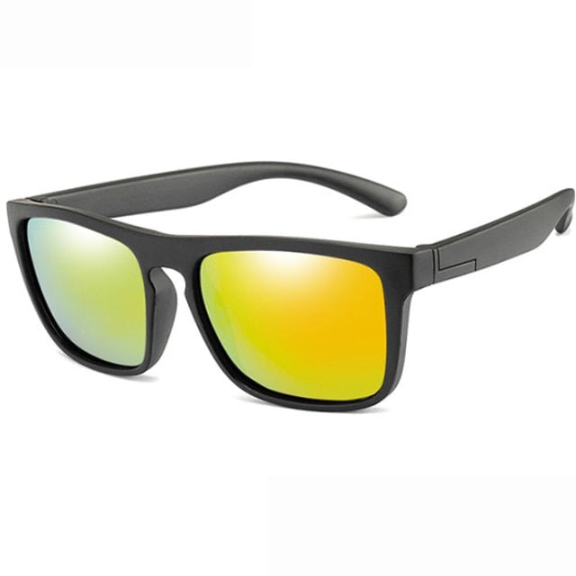 Square Black Framed Sunglasses with Gold Mirrored Lenses.
